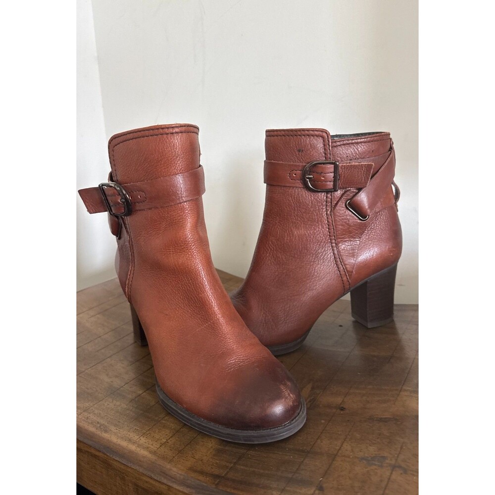 Clarks Brown Leather Ankle Boots Womens 7.5 M Buckle Block Heel Zip Booties